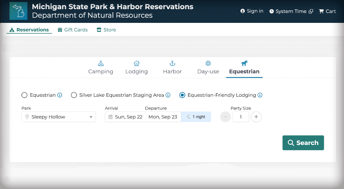 DNR reservation equestrian friendly lodging